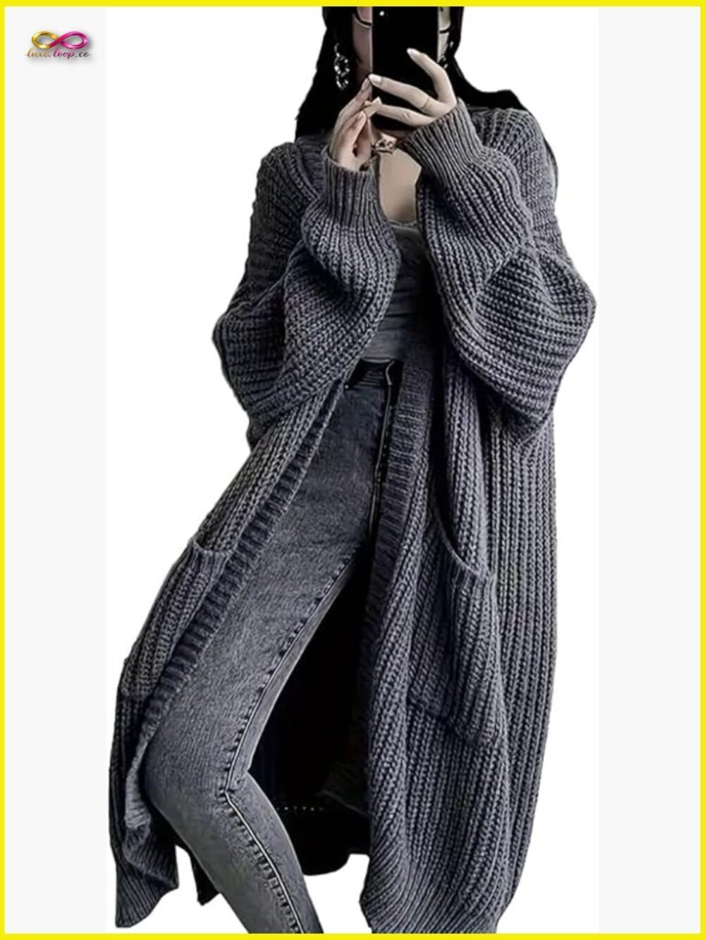 Oversized Long Cardigan Sweater Duster Chunky Cable Knit Open Front with Pockets